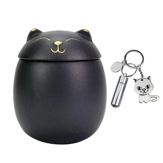 Small Cat-Shaped Ceramic Cremation Urn with Bobblehead Cat Keychain Ashes Holder Forever Memory Box Funeral Keepsake Memorial Sealed Jar - Black